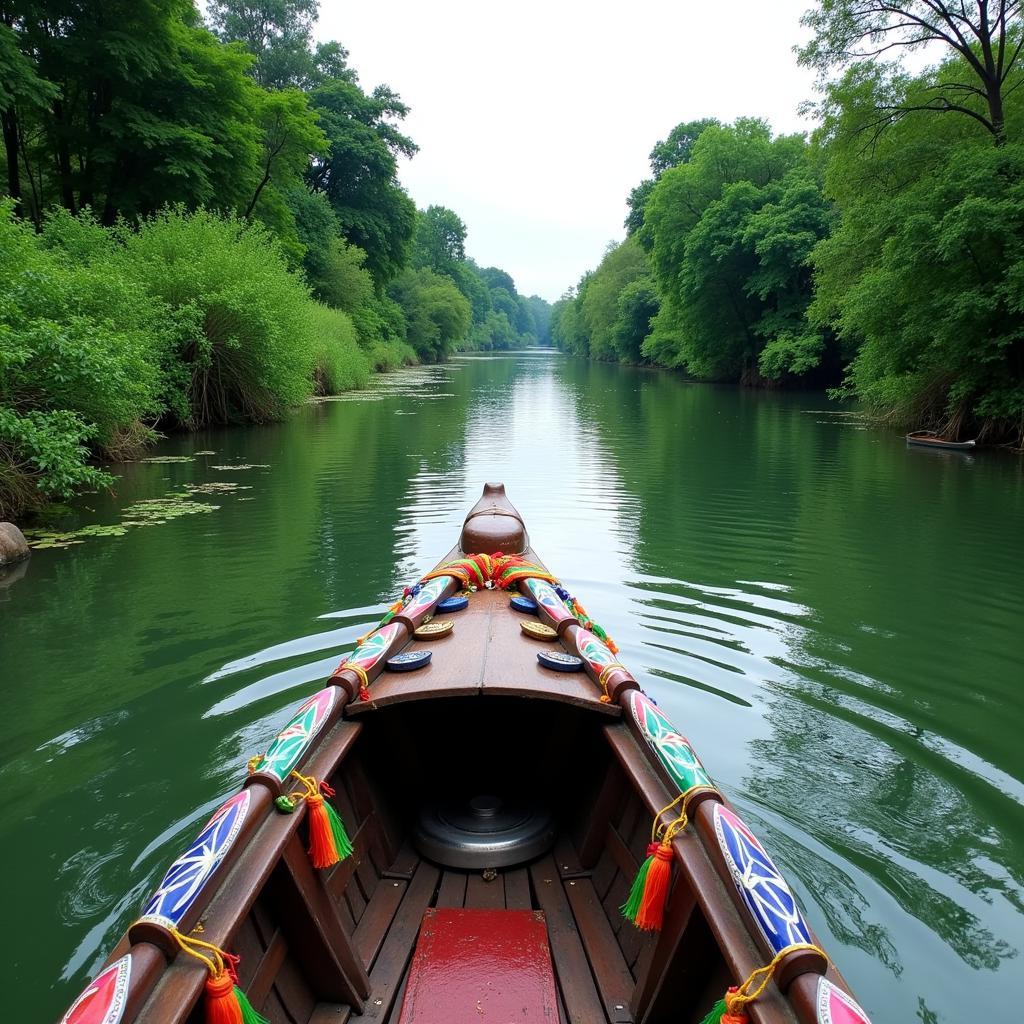 A traditional Malaysian boat cruising down a calm river, surrounded by lush greenery, in Tanjung Karang.