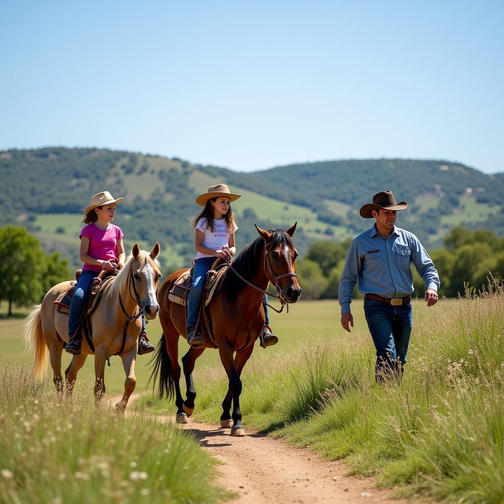 Children enjoying horseback riding at a Texas Ranch Homestay