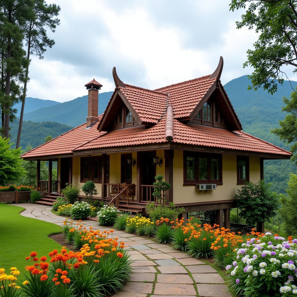 Exterior view of a traditional Kerala homestay in Thekkady, surrounded by lush greenery