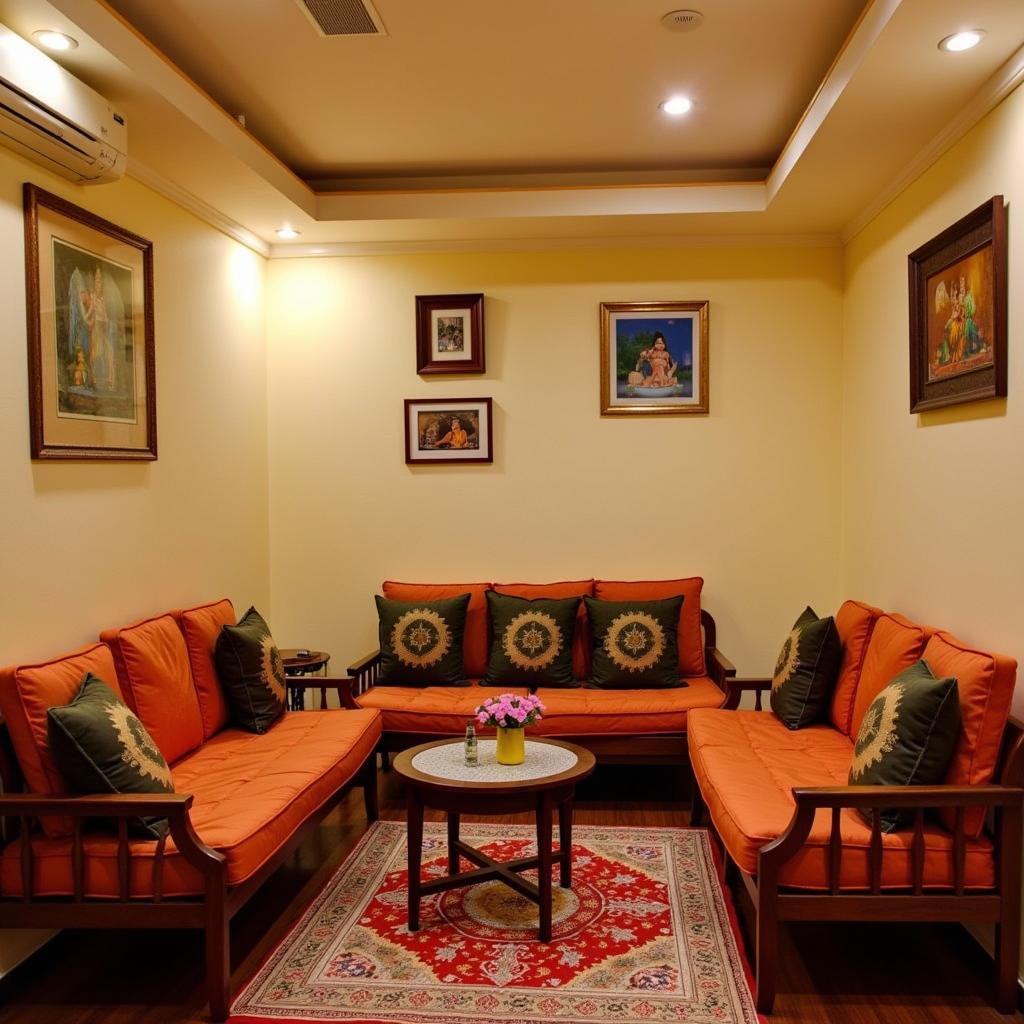 Cozy interior of a Tirupati homestay with comfortable seating and traditional decor.