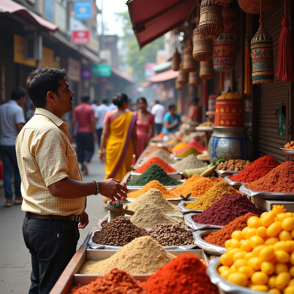 Bustling local market in Tirupati with vendors selling fresh produce and local crafts.