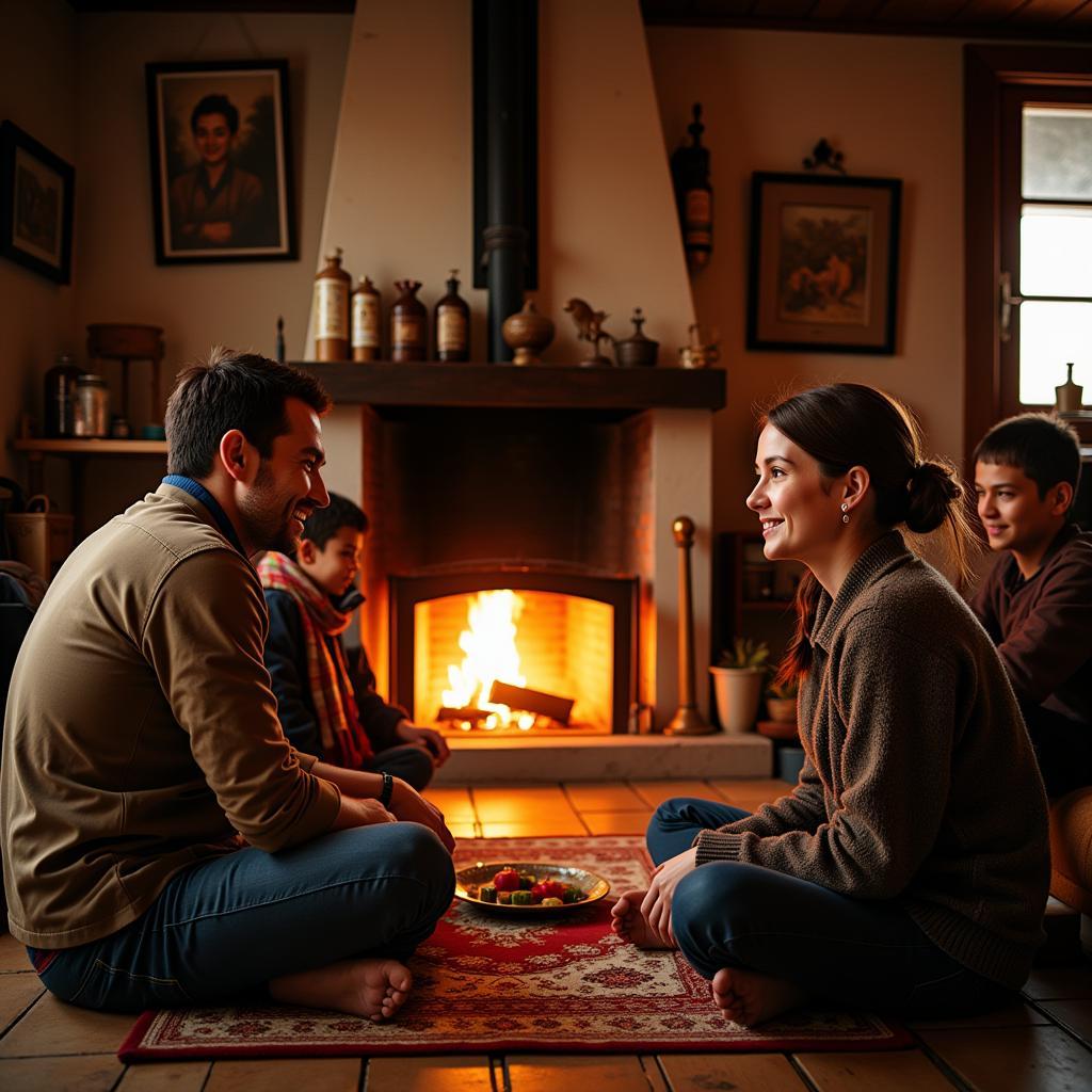 A family gathering around a warm fire in a Tosh village homestay