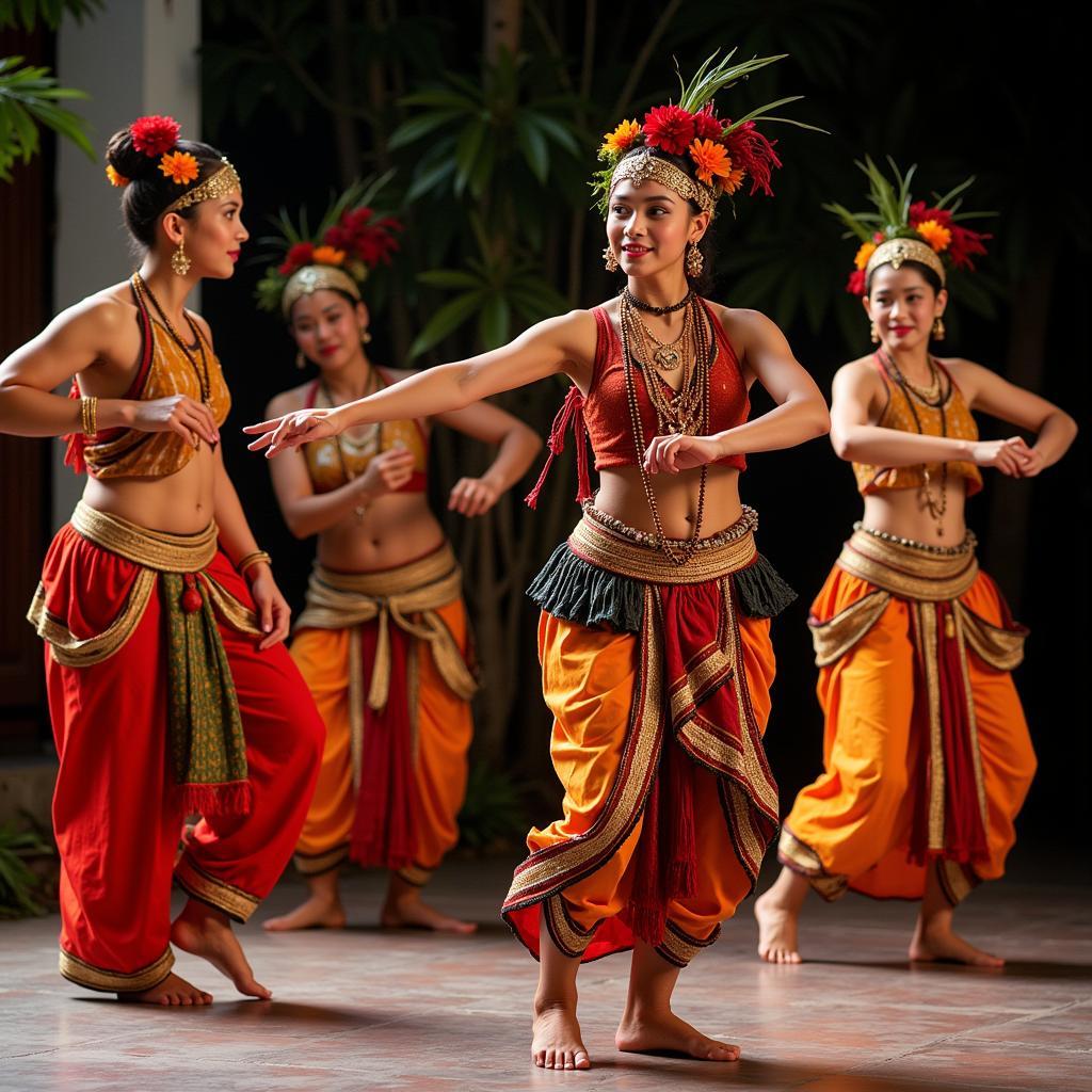 Traditional Balinese dance performance at a homestay, showcasing vibrant costumes and intricate movements.