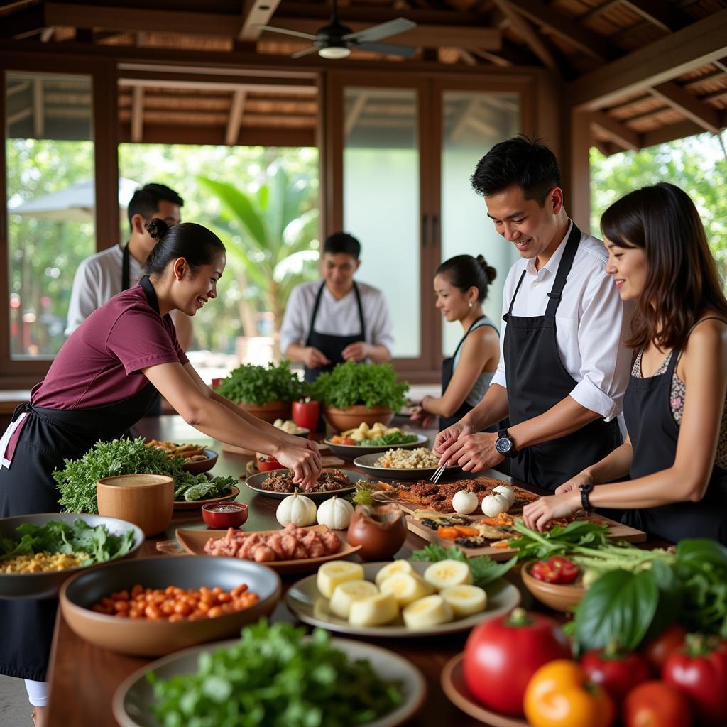 Guests participating in a Balinese cooking class