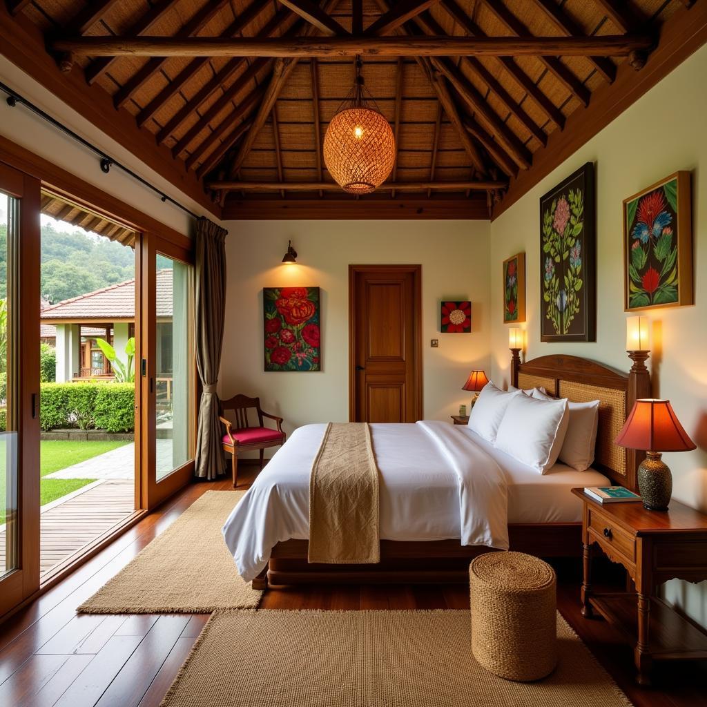 Traditional Balinese interior of an eco homestay in Ubud