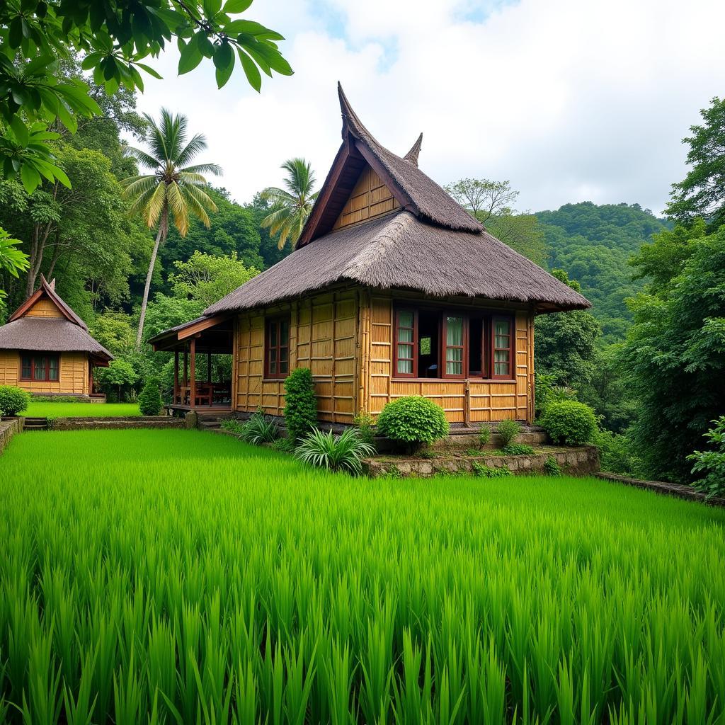 Tranquil rice paddies surrounding an eco homestay in Ubud