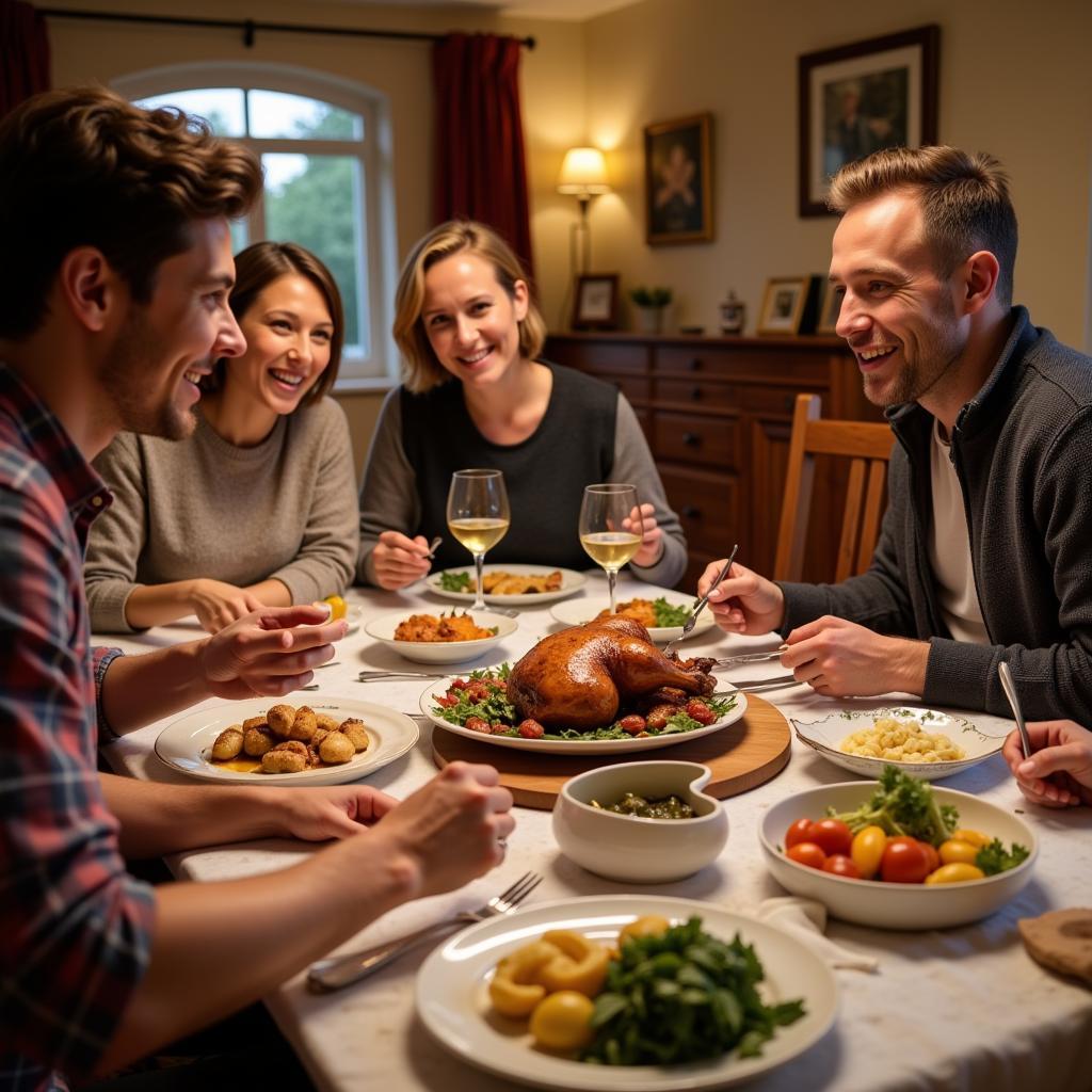 Enjoying a traditional British dinner with a homestay family