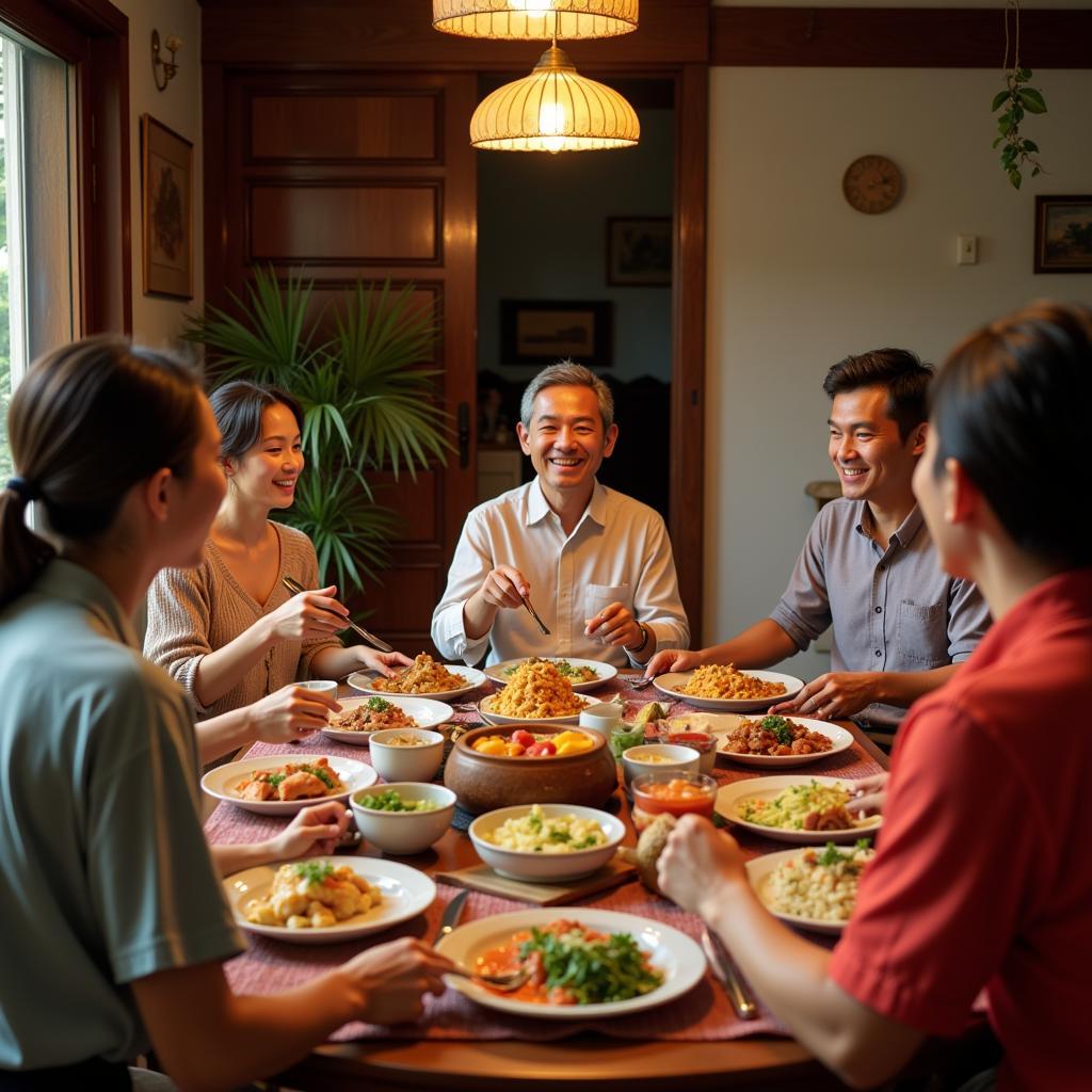 Vietnamese Family Enjoying a Meal Together in a Homestay