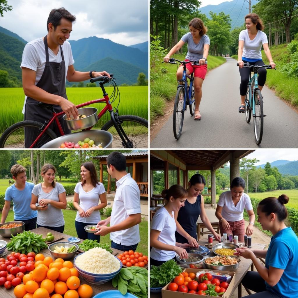 Group of six people engaging in various activities at a Vietnamese homestay, such as cooking classes, cycling, and exploring local markets.