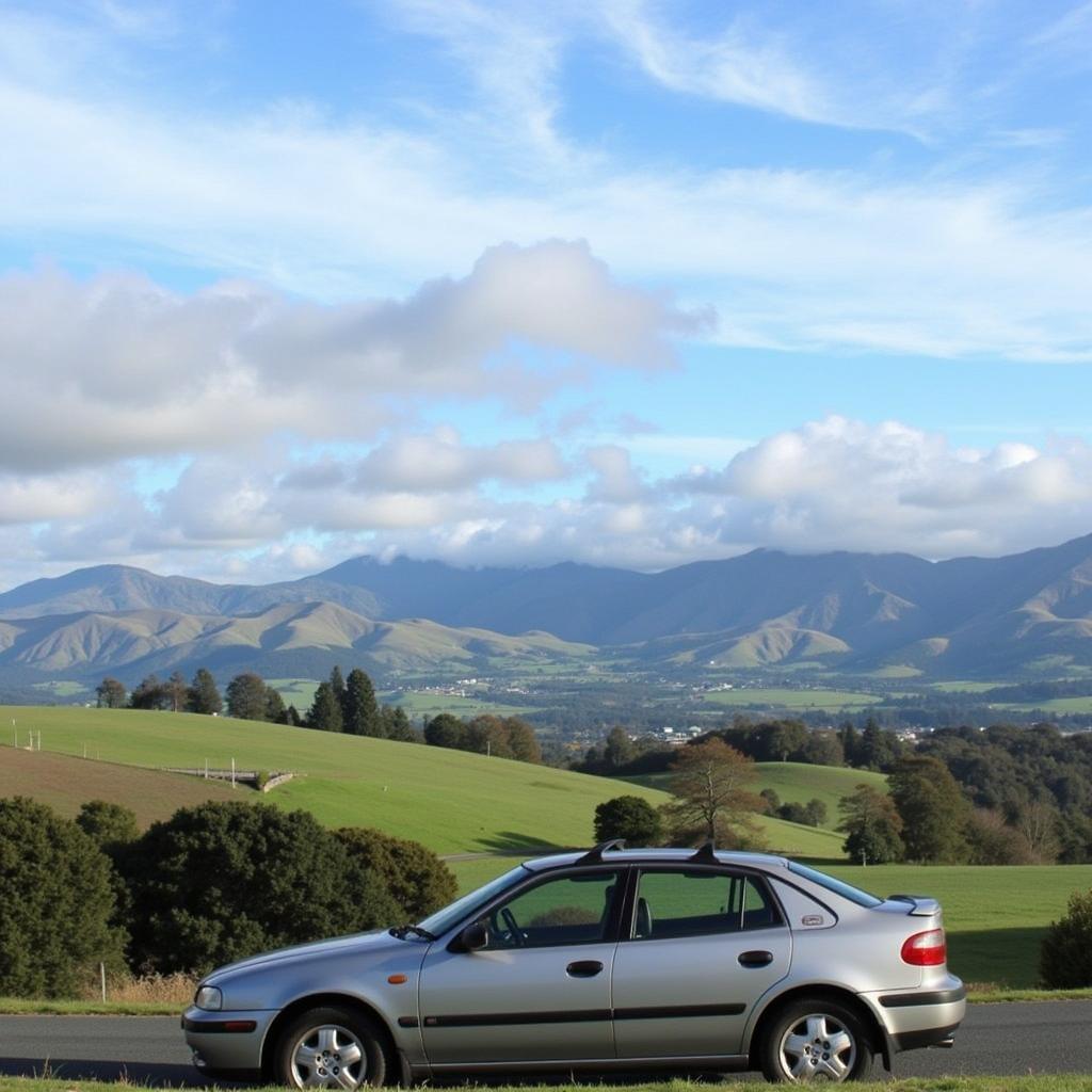 Scenic view of the Waikato region with a car in the foreground