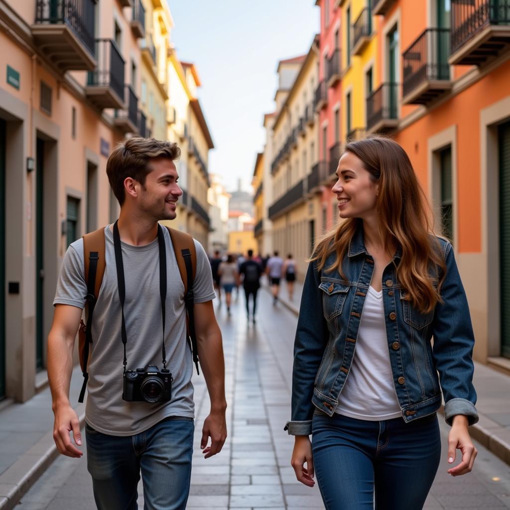 Young traveler exploring a Spanish city with their local host