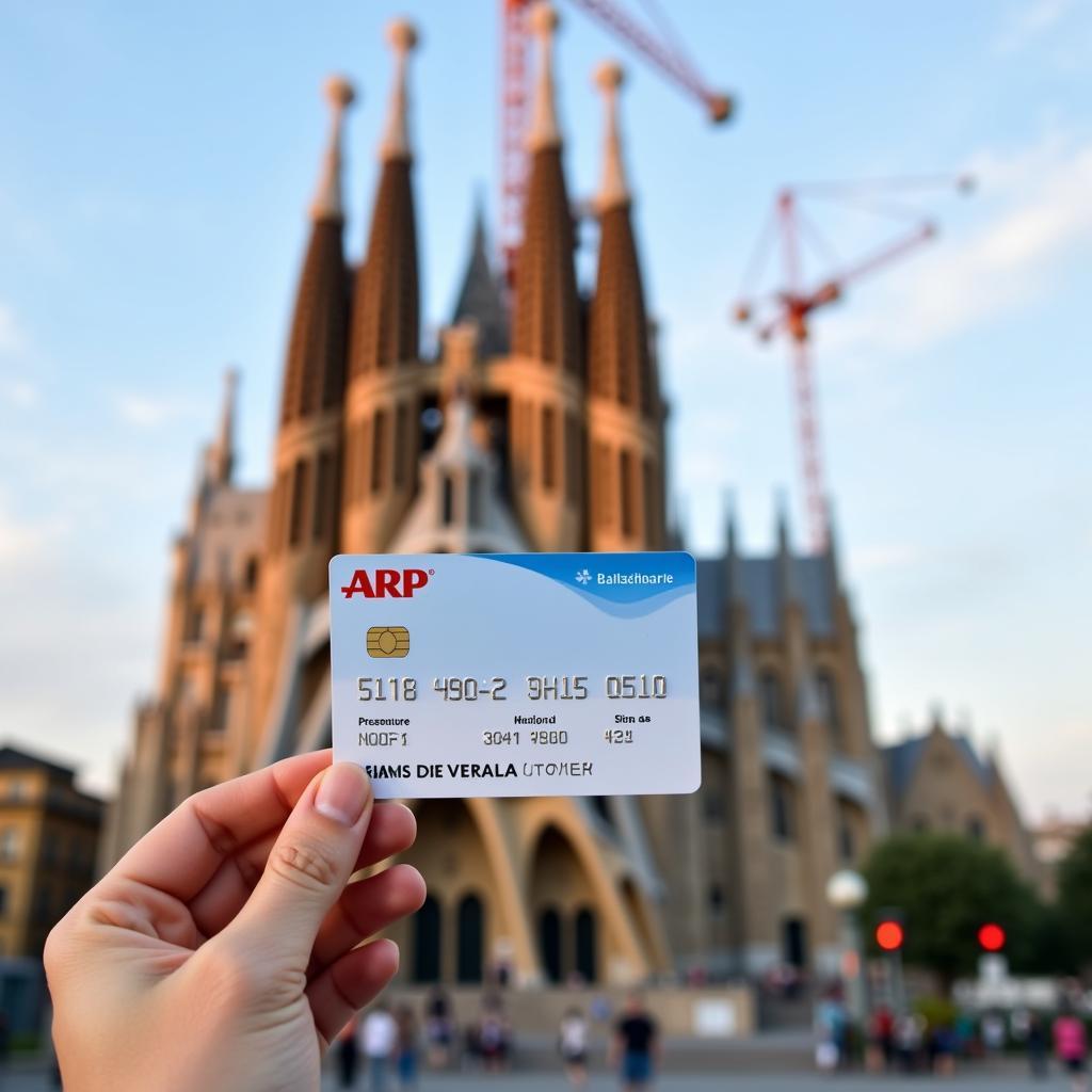 AARP UHC health insurance card displayed in front of a Spanish landmark.