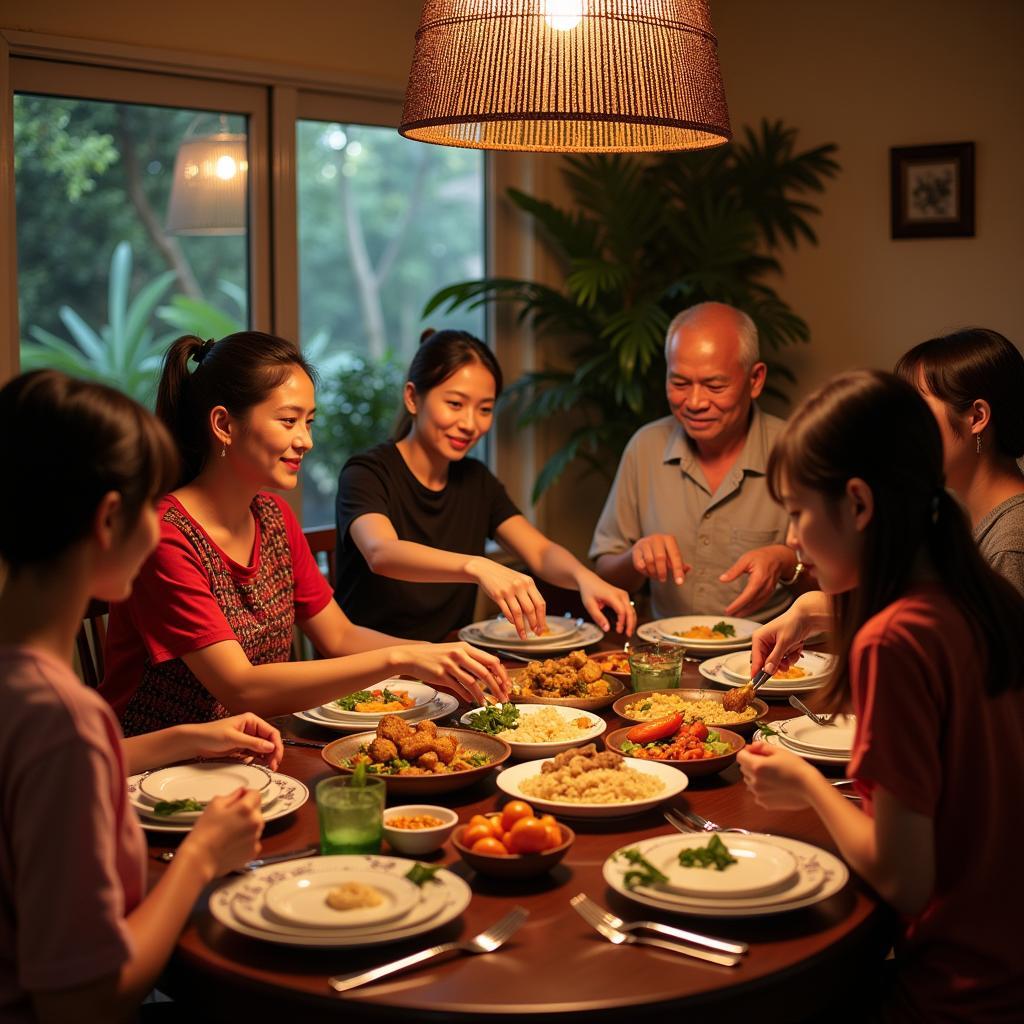 Enjoying a delicious meal with the host family at Adam Homestay