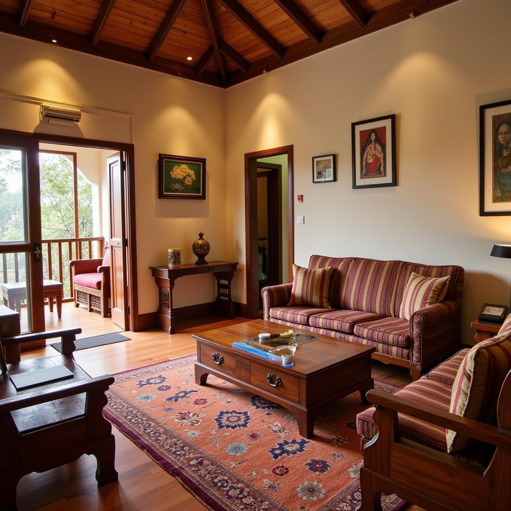 Interior view of Adhi Homestay, displaying the comfortable living area and traditional decor.