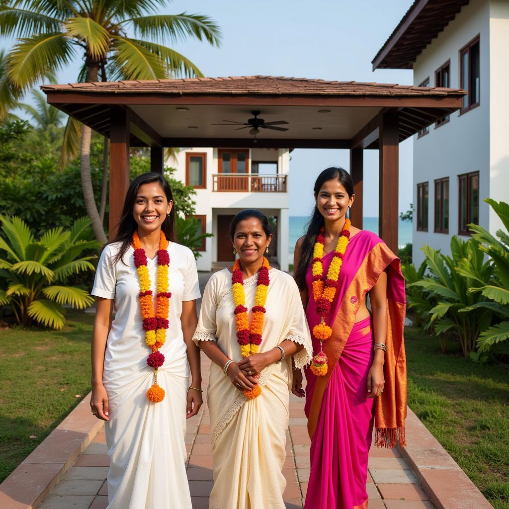 Local family welcoming guests to their Alleppey homestay beach.