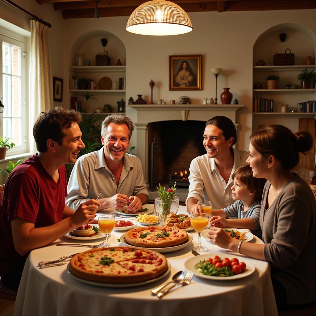 A family enjoying a traditional Italian dinner together in their Amalfi Coast home.