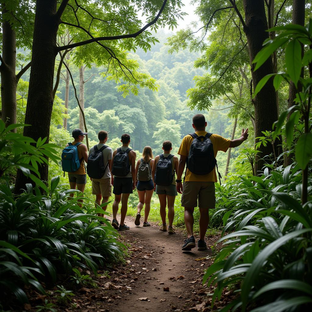 Guests trekking through the jungle with a local guide during an Amazon homestay