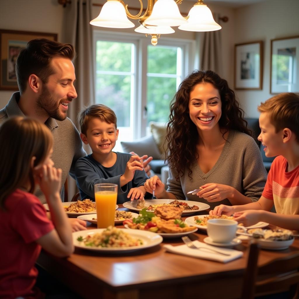 American Family Enjoying Dinner with Homestay Guest