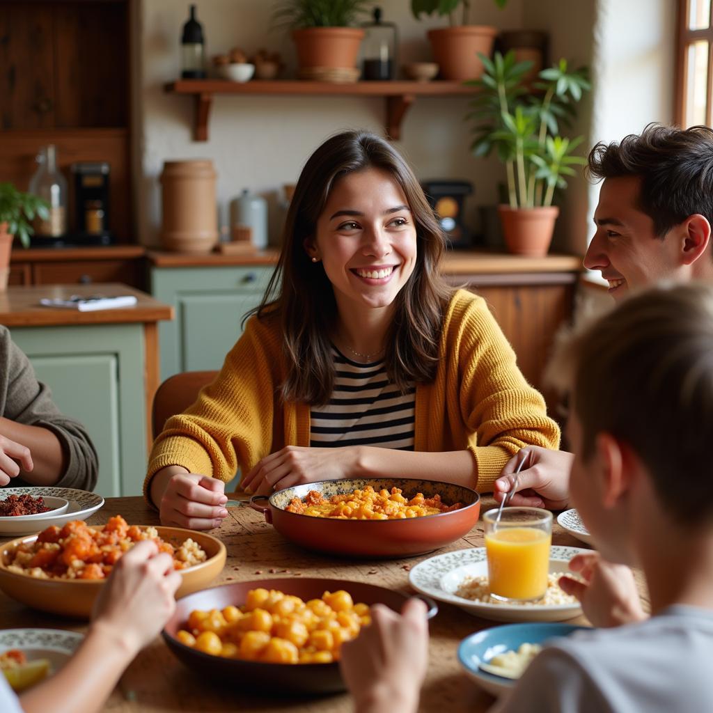 American student enjoying paella with Spanish host family