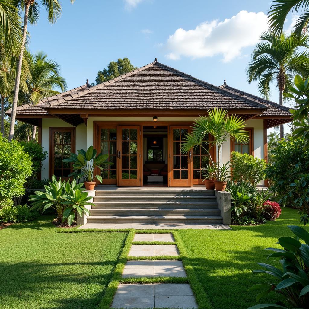 Exterior view of Ari Homestay near Padang Padang Beach, Bali, showing traditional Balinese architecture and lush tropical gardens.