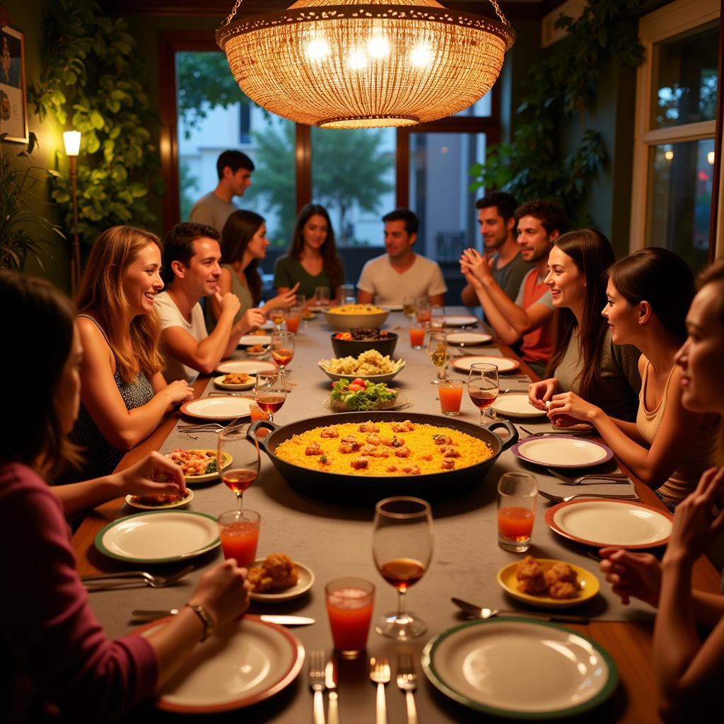 Sharing a delicious paella dinner with your homestay family in Spain