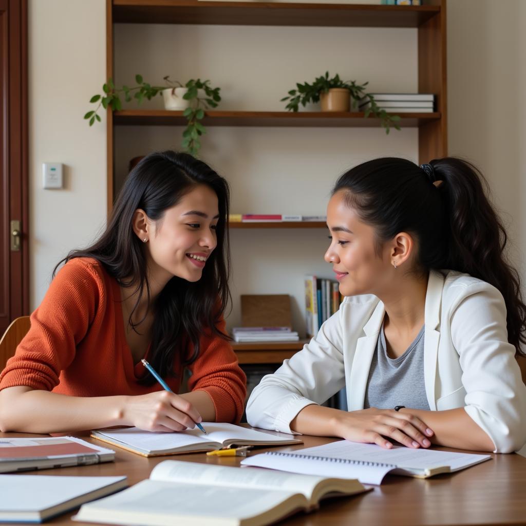 An Asian student learning Spanish with her host mother