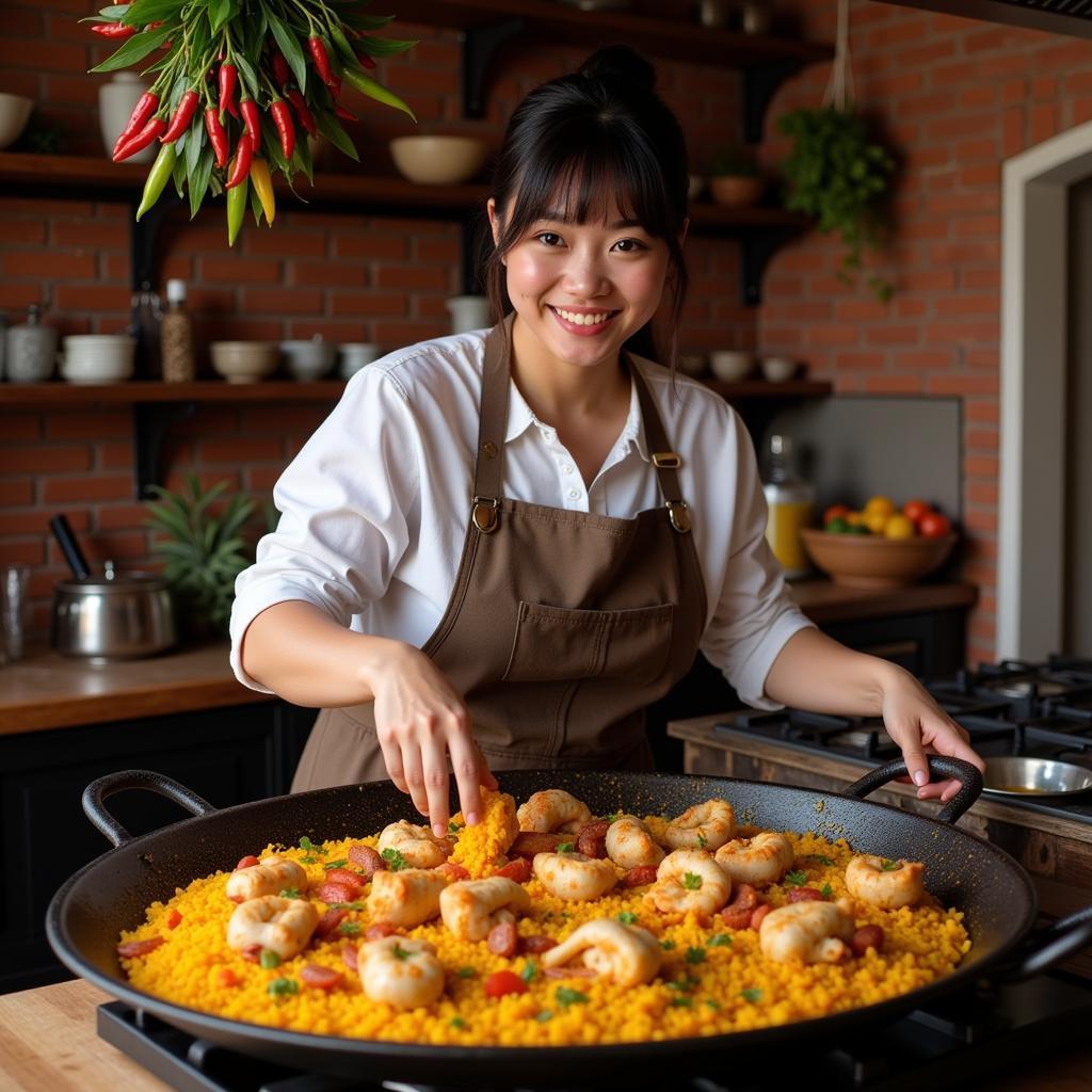 Asian wife preparing Spanish paella in a traditional kitchen