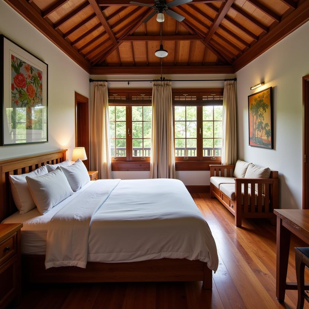 Interior view of a cozy room at Athaya Homestay Jogja, decorated with traditional Javanese artwork and furnishings.