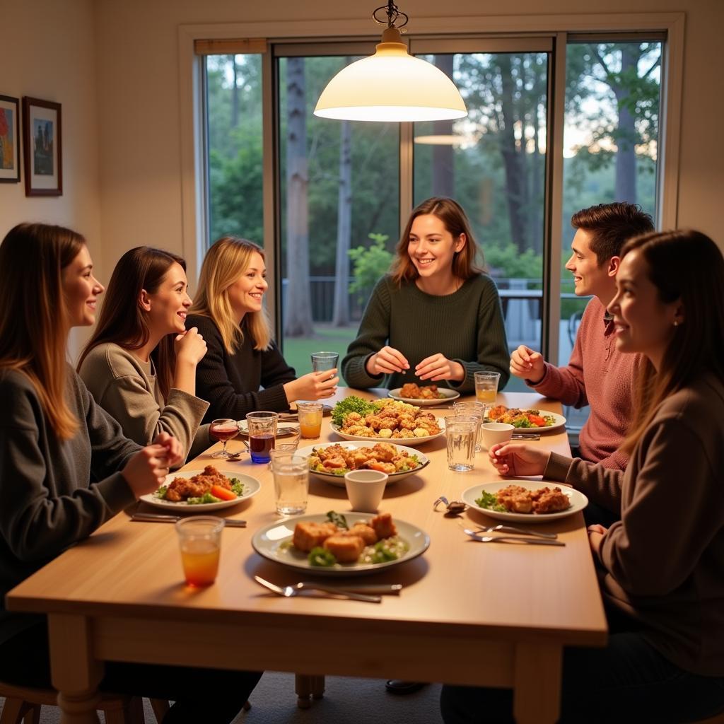 A warm and welcoming Australian family enjoying dinner together with their homestay student.