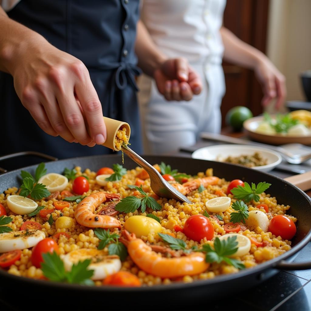 Preparing Authentic Spanish Paella in a Homestay Kitchen