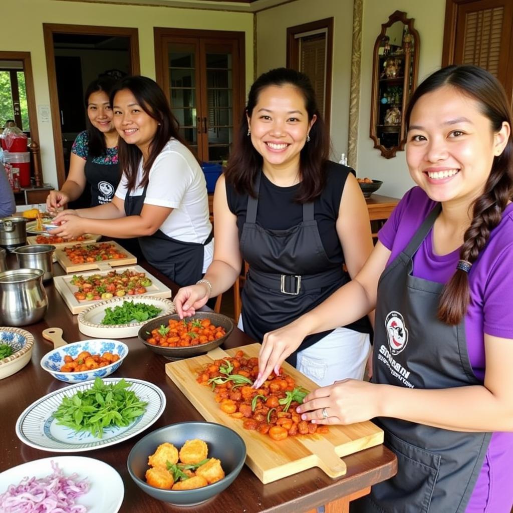 Guests participating in a Balinese cooking class at Ariana Homestay Pantai Murni