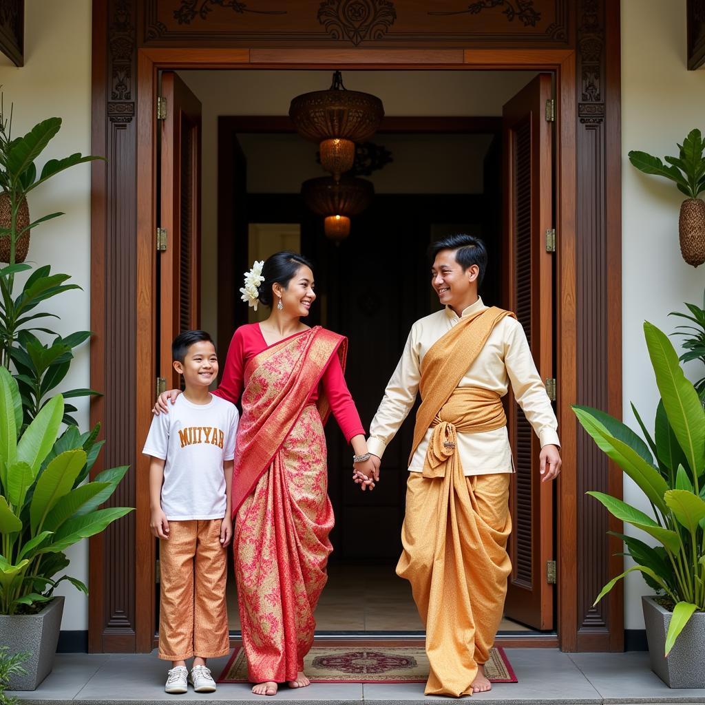 A warm Balinese family welcoming guests to their traditional homestay.