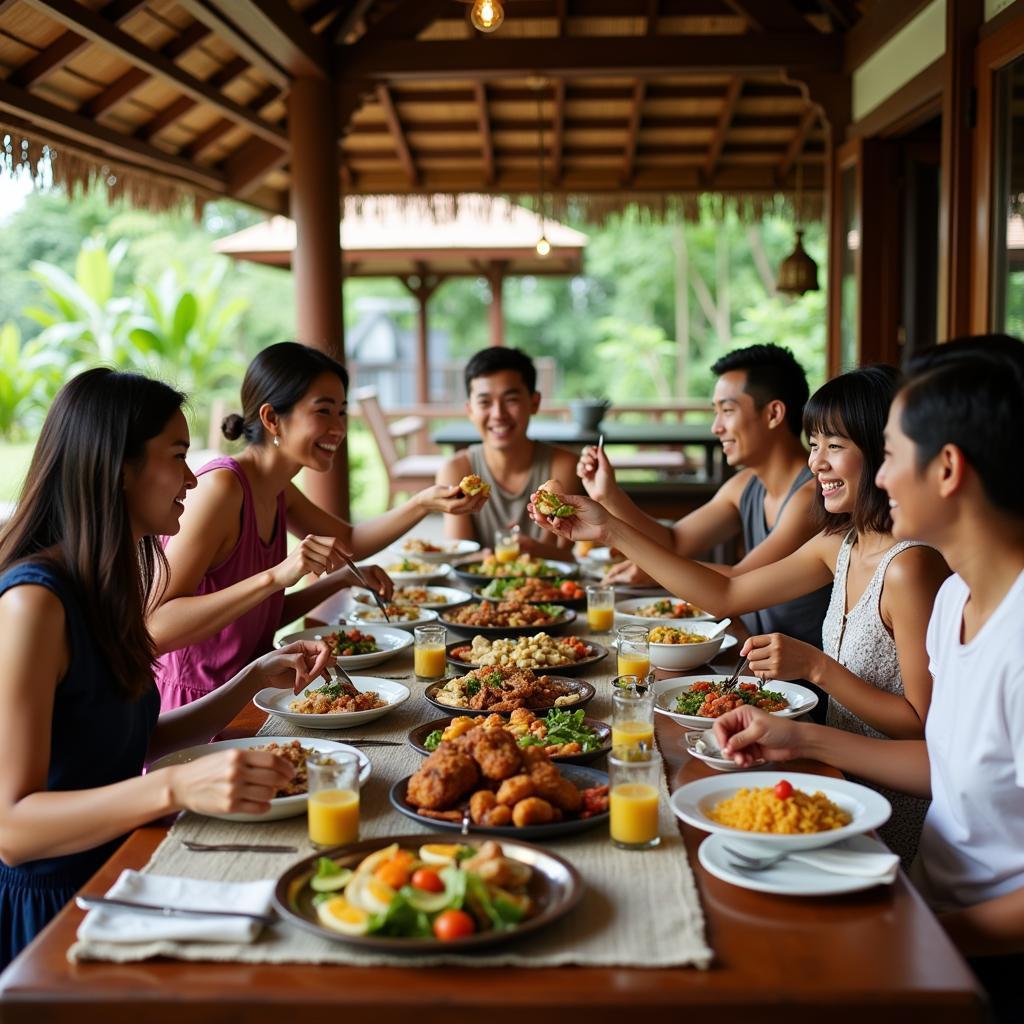 Family enjoying a meal together in a Balinese homestay in Teluk Bahang