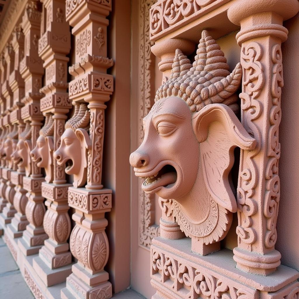 Intricate carvings on the pink sandstone walls of Banteay Srei temple, showcasing the exquisite detail of Khmer art.