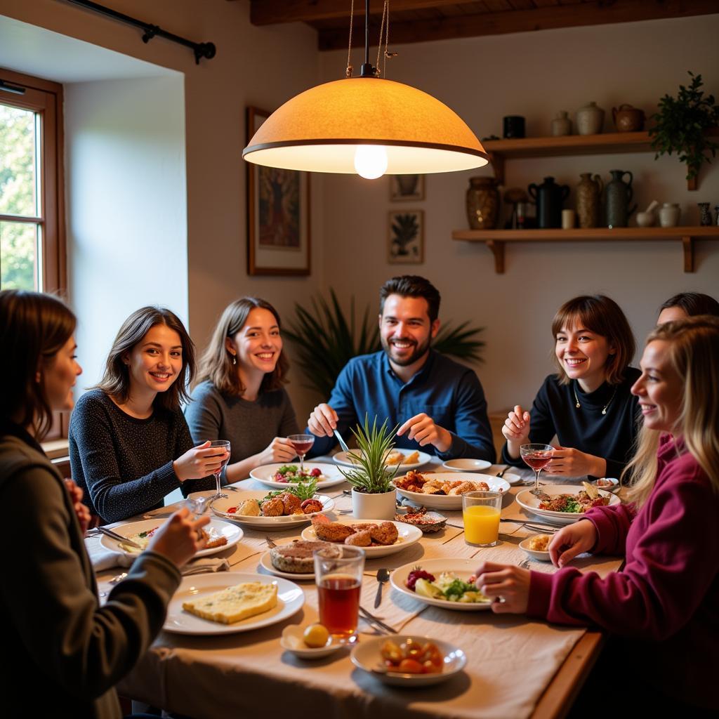 Family enjoying a traditional Basque dinner in a cozy homestay