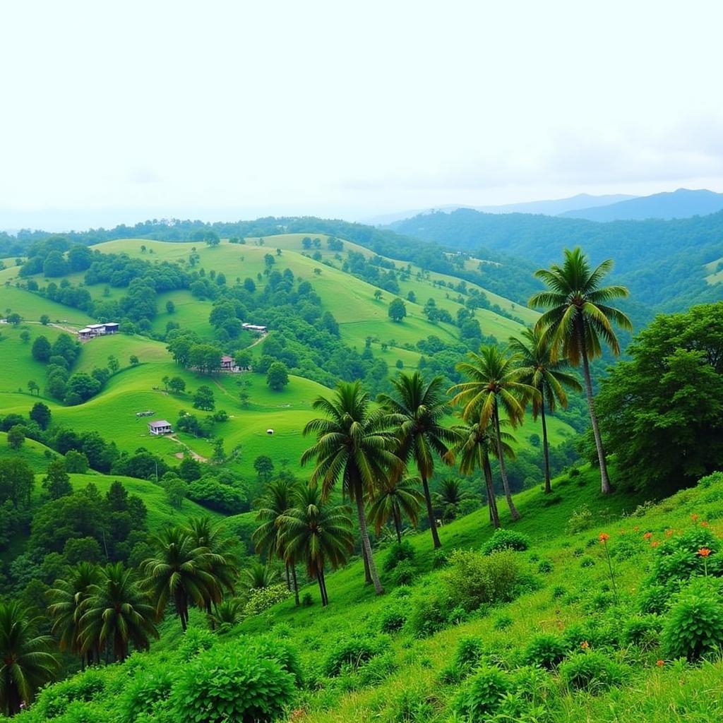 Panoramic view of the scenic landscape surrounding Batu Anam, Segamat with rolling hills and palm trees.