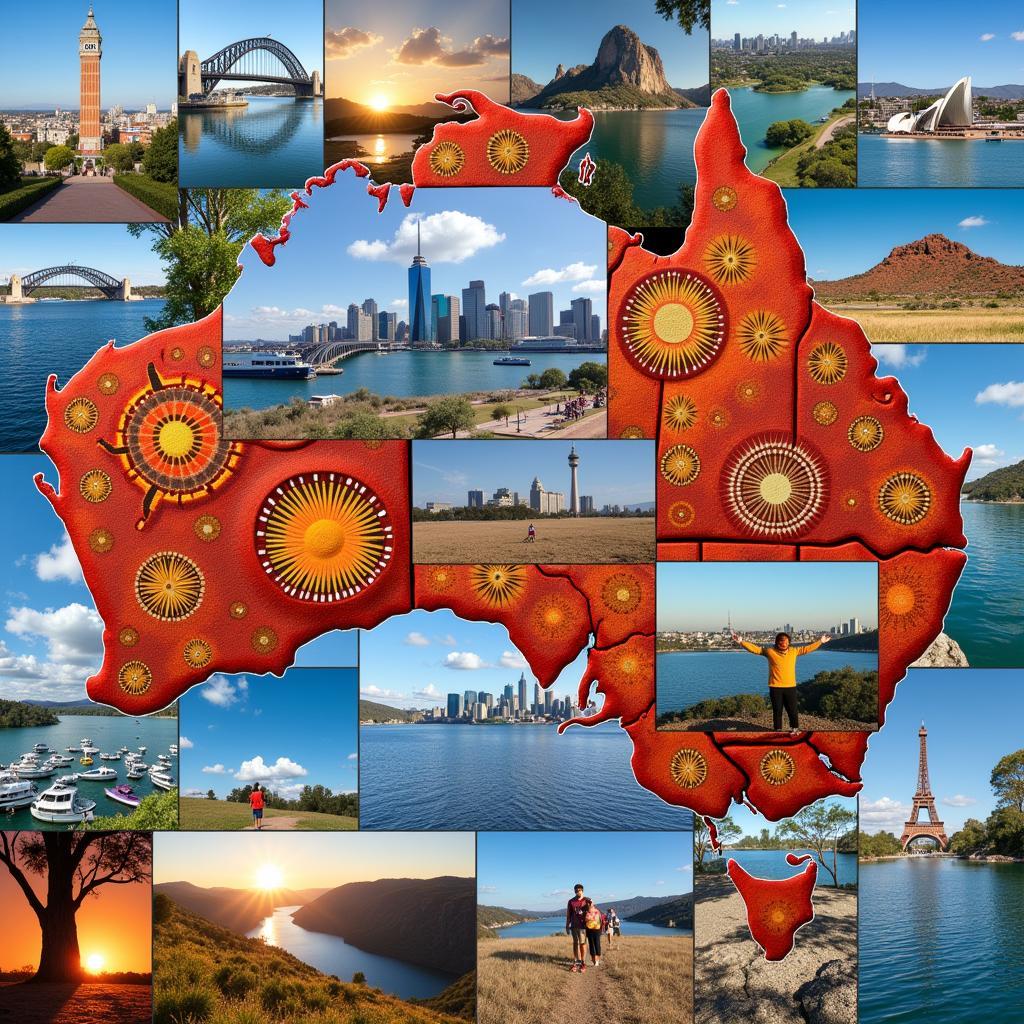 Various aspects of Australian culture and lifestyle are depicted