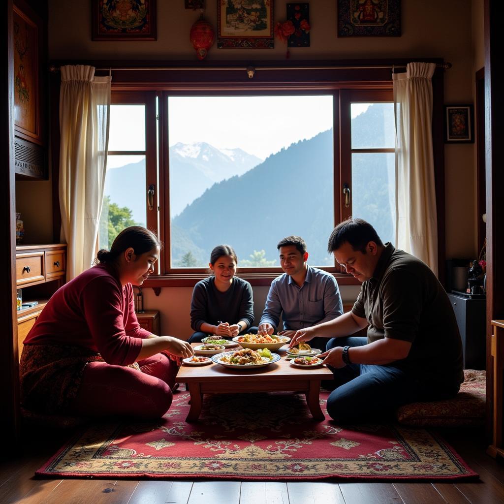 Family enjoying a traditional Sikkimese meal in a cozy homestay in Gangtok