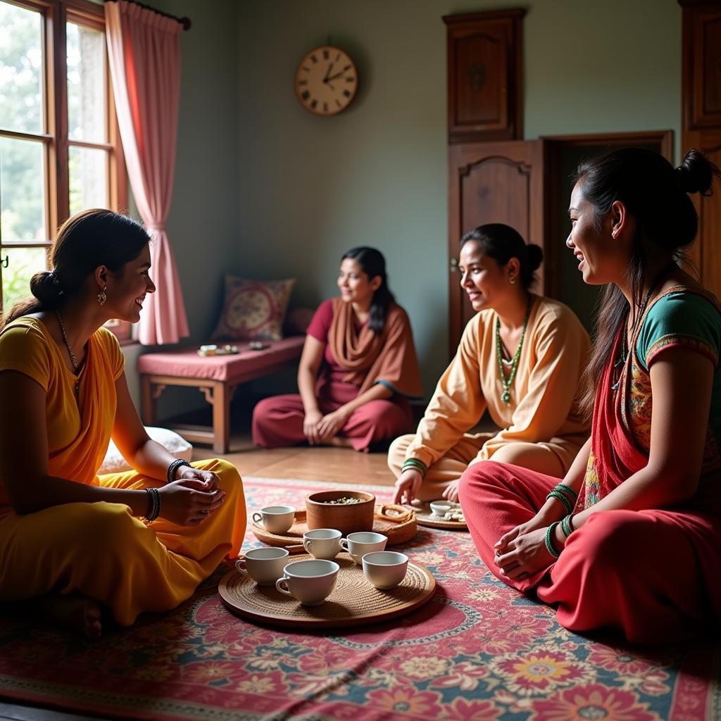 Enjoying a traditional tea ceremony with a local family during a homestay in Bharatpur