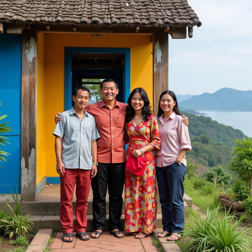 Binh Ba Homestay Family: A warm and welcoming Vietnamese family gathers outside their traditional home, smiling and gesturing towards the viewer, inviting them to join their family.