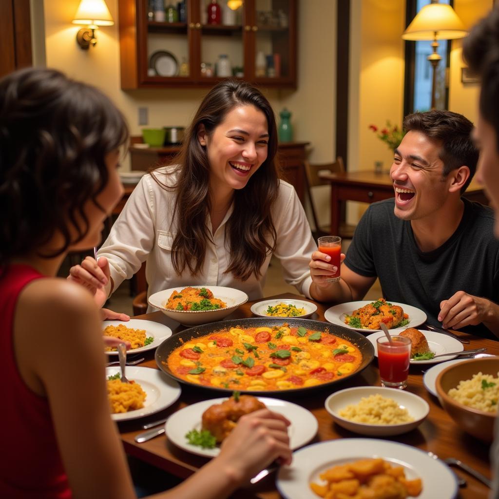 Brazilian student enjoying paella with host family