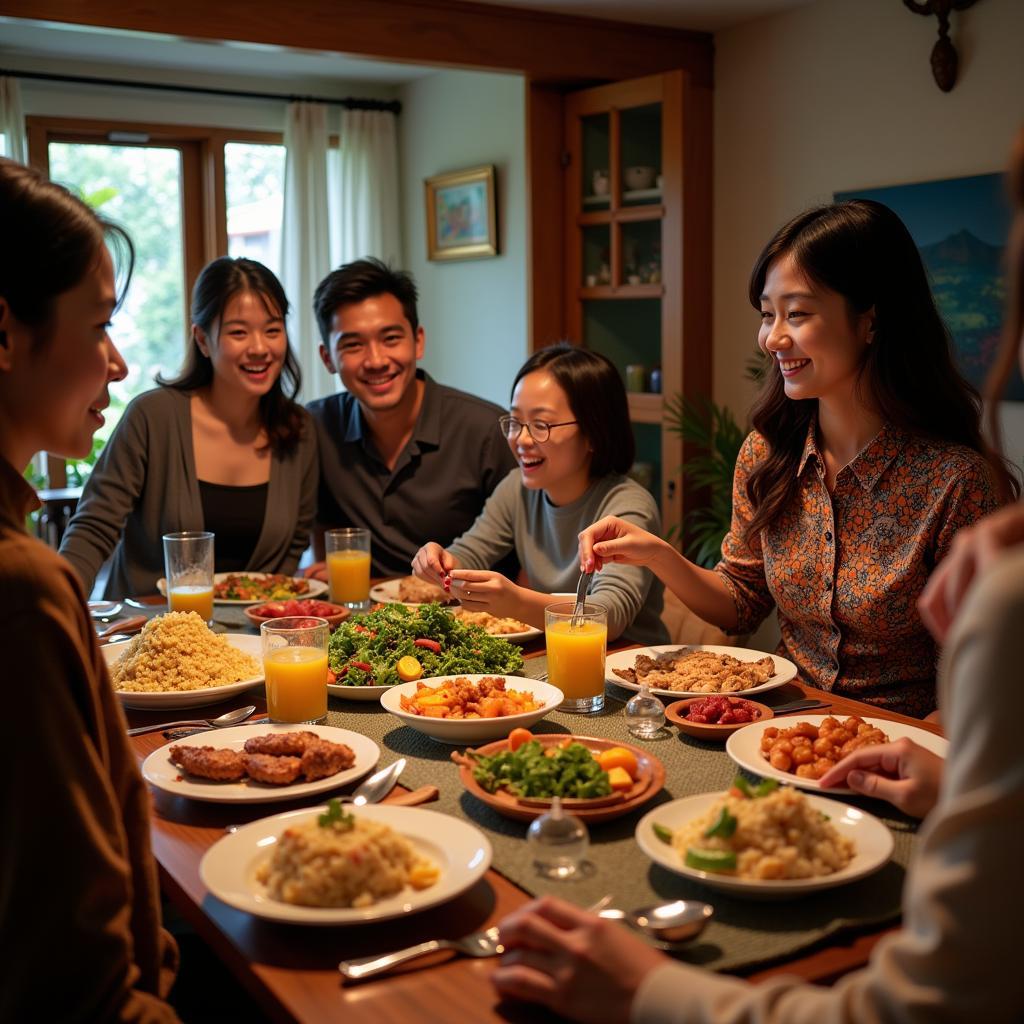 Family enjoying a meal at a Bukit Gantang homestay