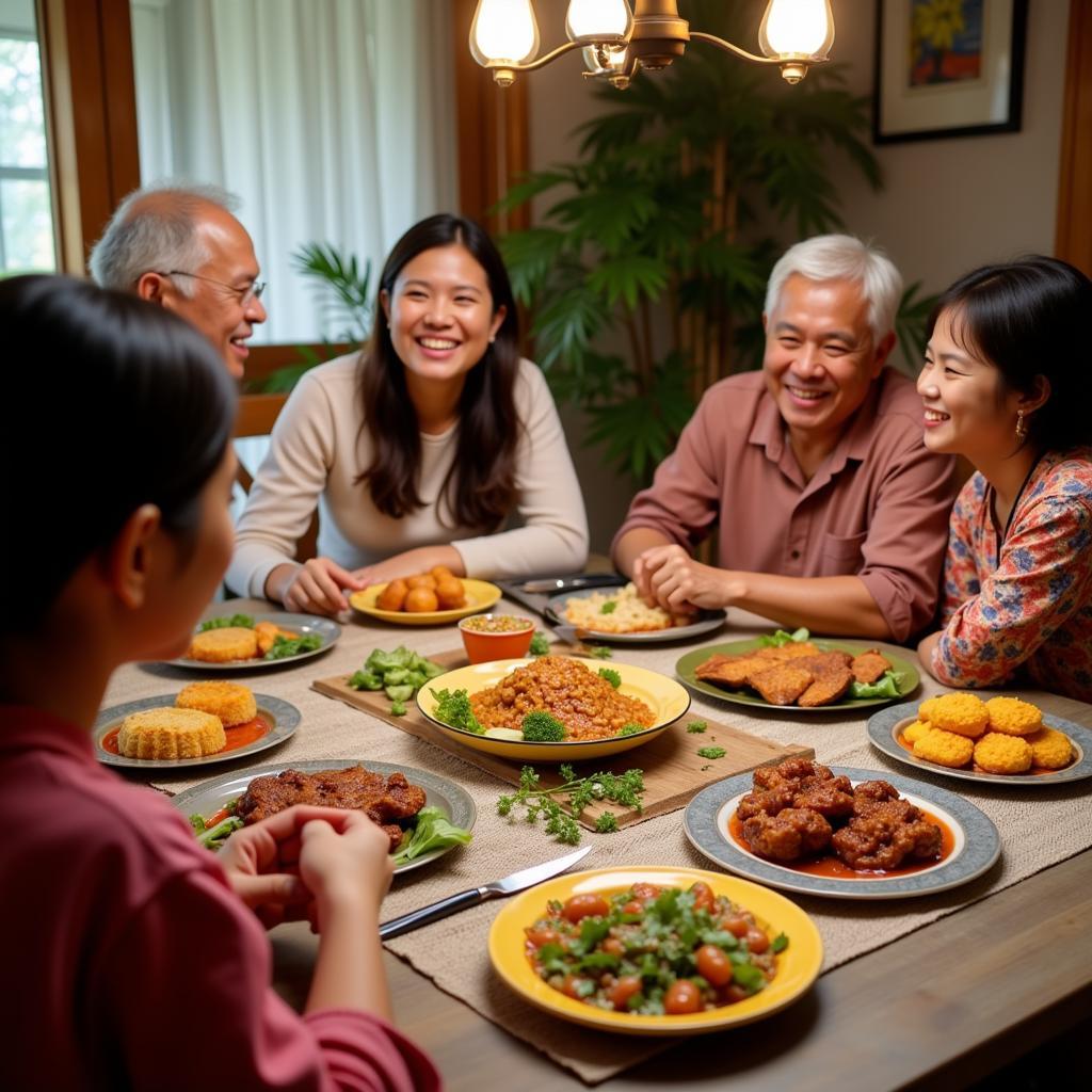 Family enjoying a traditional Malaysian dinner at a Bukit Merah homestay