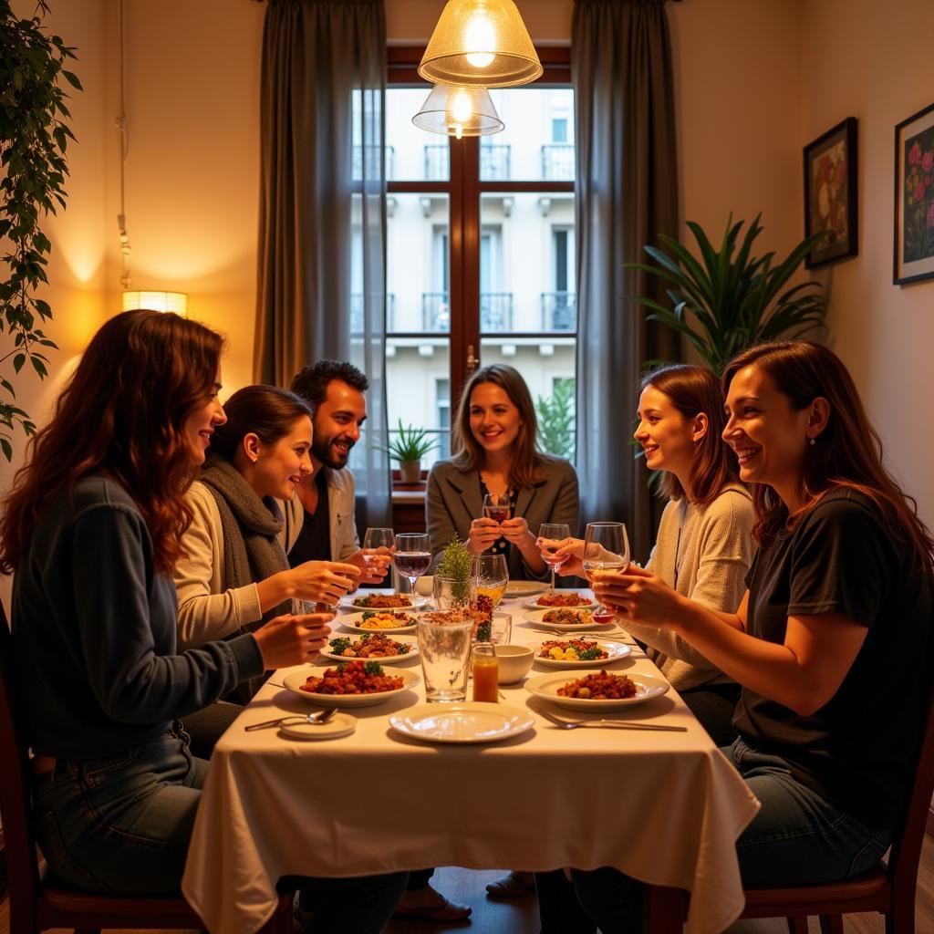 Family dinner at a bunk bed homestay in Barcelona