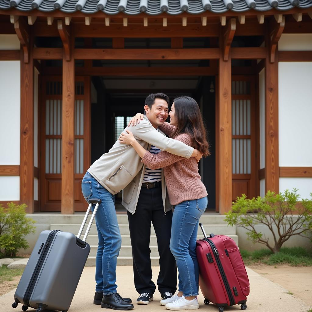 Homestay guest saying goodbye to their host family in Busan