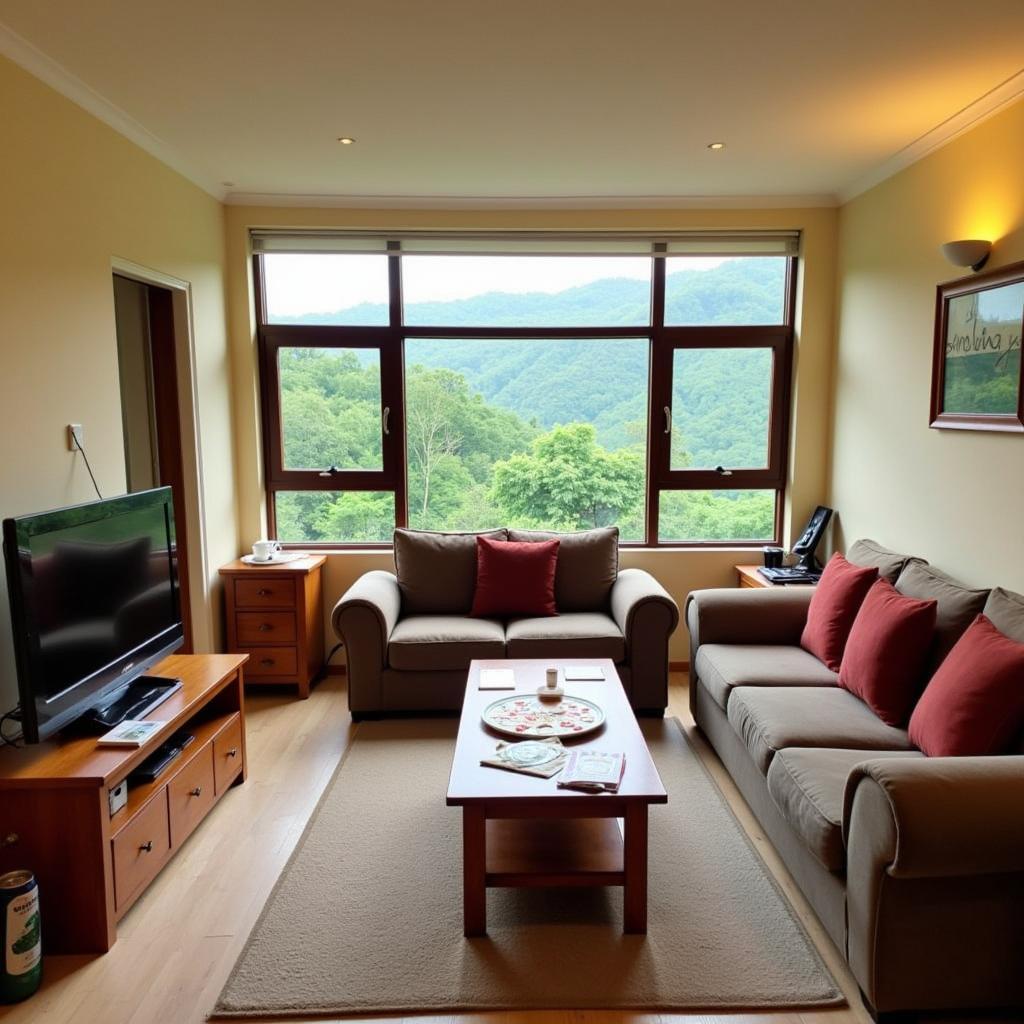 A cozy living room in a Cameron Highlands apartment homestay, perfect for families.