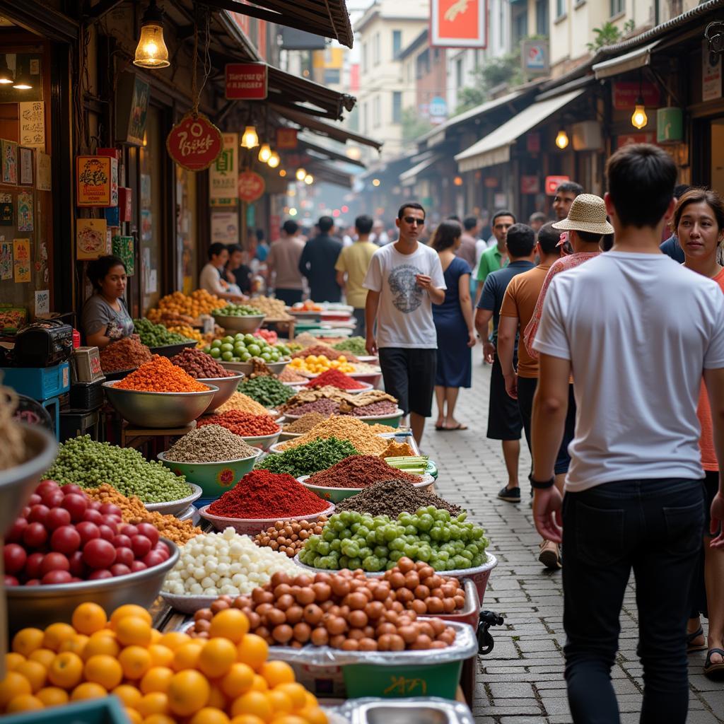 Vibrant local market in Cameron Highlands overflowing with fresh produce, spices, and local crafts.