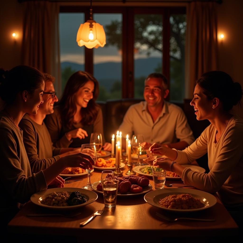 Spanish Family enjoying a candlelit dinner during a homestay