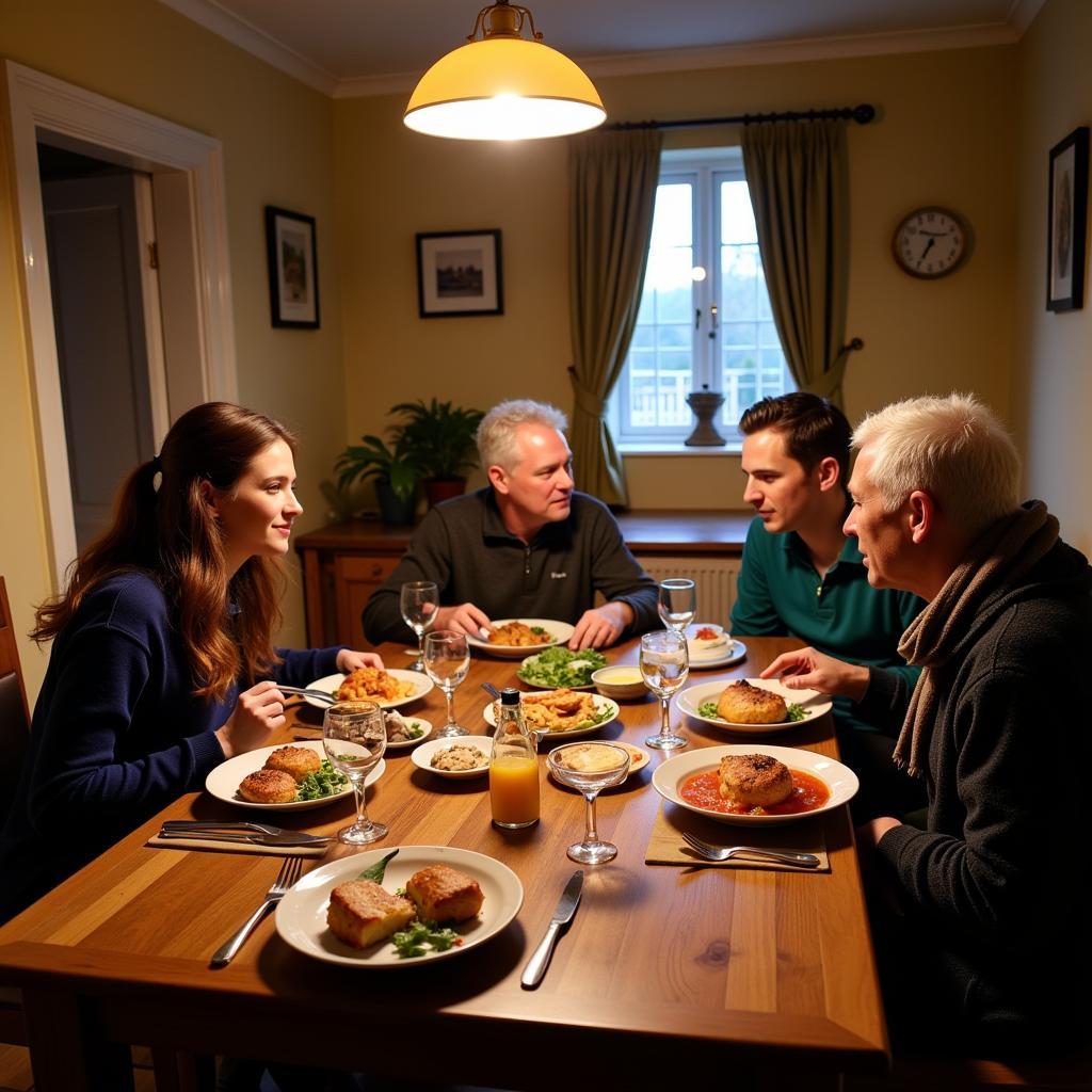 Student enjoying a traditional Welsh meal with their homestay family.