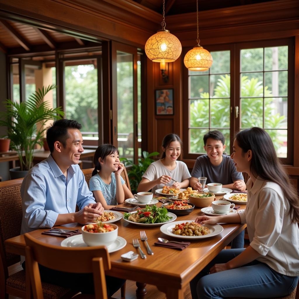 Family enjoying a traditional Thai dinner in a Chiang Mai homestay